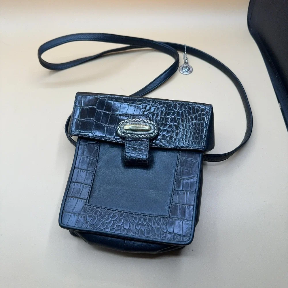 Brighton One World Crossbody Bag Black Leather Croc Embossed Flap Small